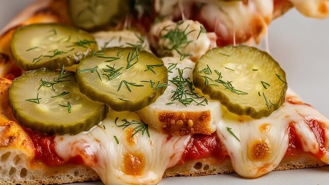 Close-up of a pizza slice topped with pickles, cheese, sauce, and dill sprigs