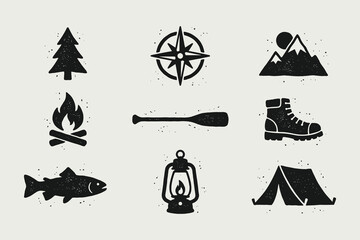 Vintage Outdoor Adventure Camping Icons Set with Grunge Texture © thetwelvesense