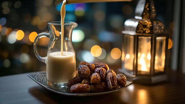 Still life with dates milk and lantern, breaking fast arrangement, spiritual meal display, religious observance presentation, iftar ritual setting, defocused warm lighting, with
