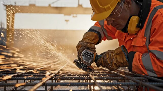 Construction worker cuts metal rebar with grinder creating sparks. Worker grinds steel rebar at construction site. Metal cutting with grinder sparks. Construction grinding creates bright sparks.