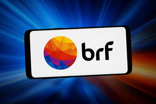 Stuttgart, Germany - 02-19-2026: In this photo illustration, the logo of Brazilian food processing company BRF S.A. is displayed on a smartphone in front of abstract background on computer screen.