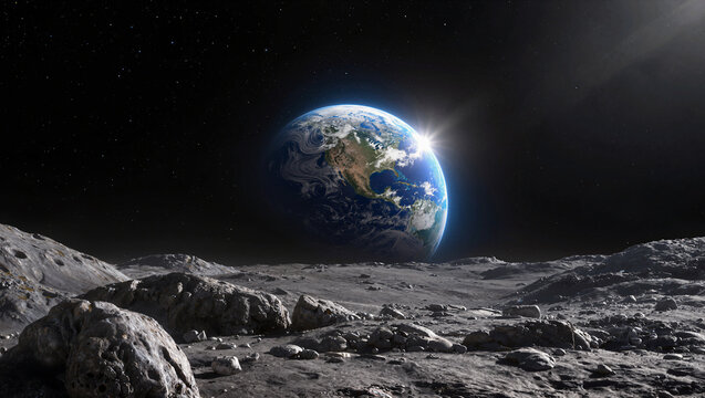 Earth globe rising above the rocky lunar surface beneath a starry sky, moon mission program