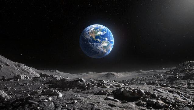 Earth globe rising above the rocky lunar surface beneath a starry sky, moon mission program