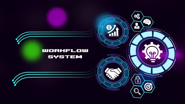 Workflow System and process optimization concept animation with gear and task management icons, 4K