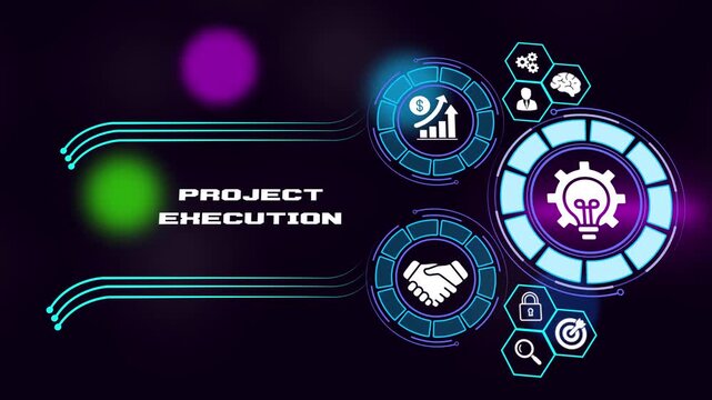 Business animation of Project Execution concept with corporate icons and glowing gears, 4K.