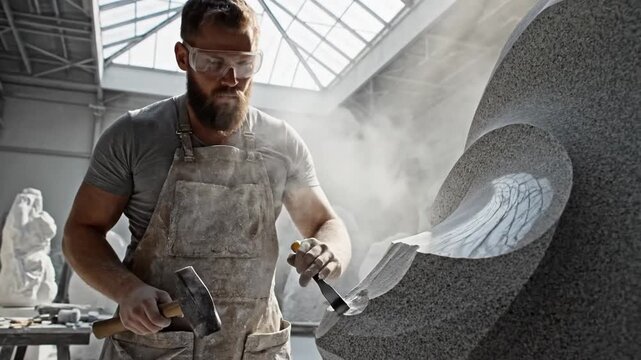 Skilled craftsman shaping a large stone sculpture in a workshop.