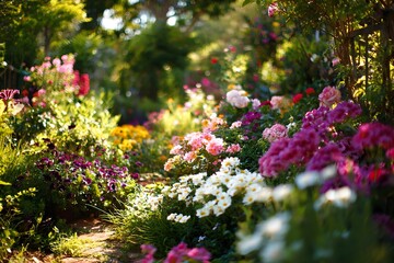 Obraz premium A vibrant garden path lined with colorful flowers in full bloom