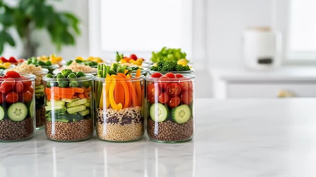 Rows of glass jars filled with colorful layered raw vegetables on a marble countertop