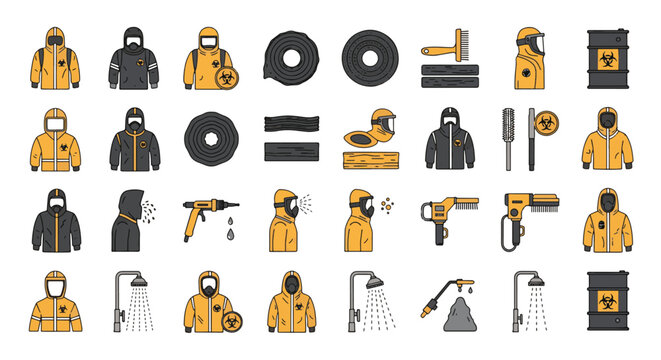 Set of 40 Hazmat Suit and Decontamination Icons Vector