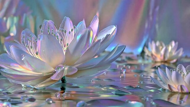 Ethereal Iridescent Lotus Flower Floating on Shimmering Water