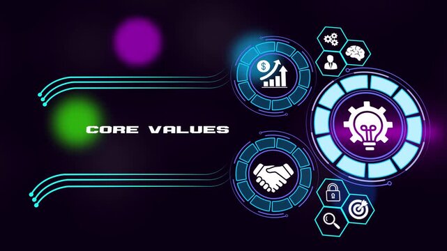 Core Values and business ethics concept animation with corporate leadership icons