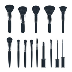 Collection of black makeup brushes arranged in neat rows and columns