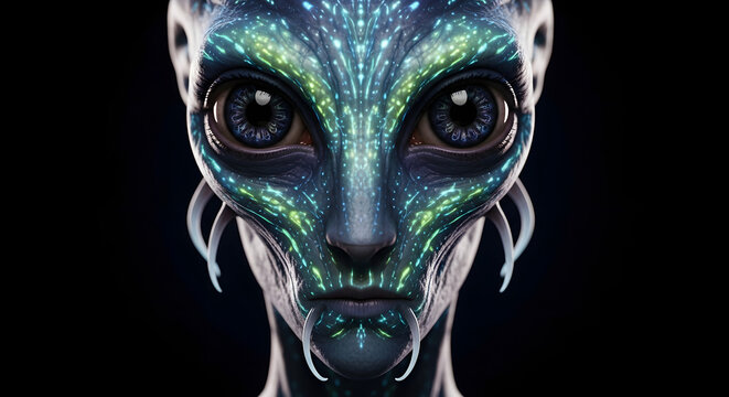 Extraterrestrial alien portrait with bioluminescent skin, futuristic humanoid creature with glowing blue and green patterns, sci-fi character design