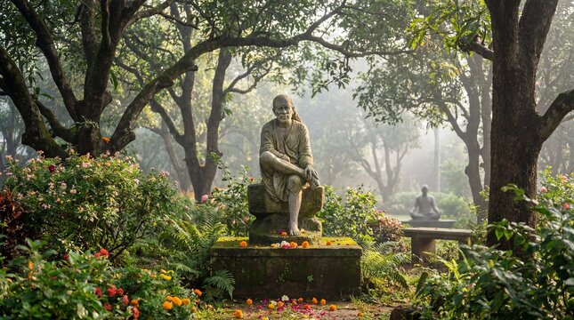 Serene Sai Baba Statue Sitting in a Lush Green Garden with a Meditating Figure in the Misty Background, Symbolizing Peace and Spirituality
