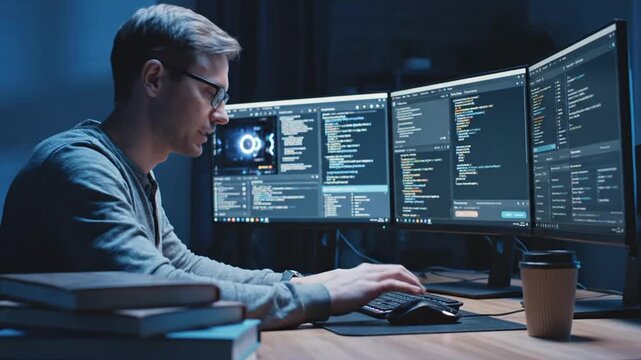 Software developer working on multiple screens with code.