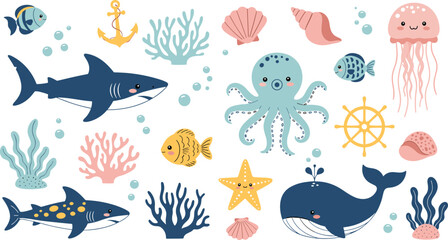 Cute Underwater Sea Animals Collection with Shark Octopus and Whale Vector © Rafikul Creative