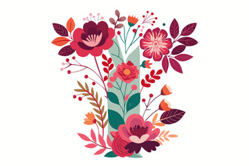 A vibrant floral illustration featuring a colorful bouquet of flowers and leaves on a white background