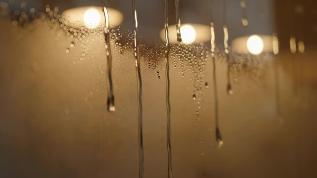 Steam rises and condenses on glass, forming water droplets. Lights create a warm, atmospheric glow in the background.