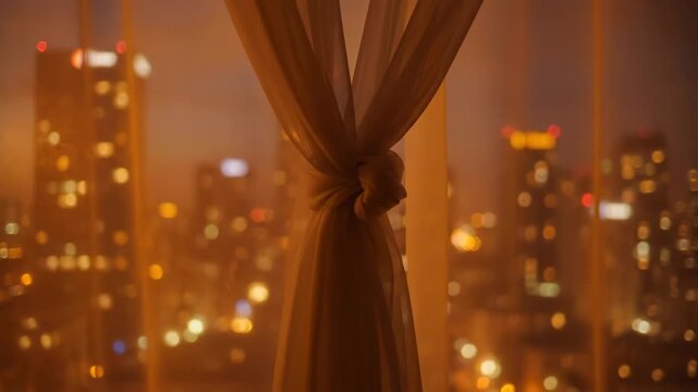 Sheer curtain tied in a knot frames a blurry city skyline at night. Warm, glowing lights create a cozy, intimate atmosphere.