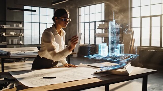 Woman architect working on building design with digital tablet and blueprints.