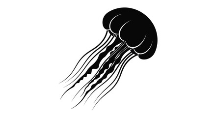 Simple black and white illustration of a jellyfish with flowing tentacles © MdMojiburRahman