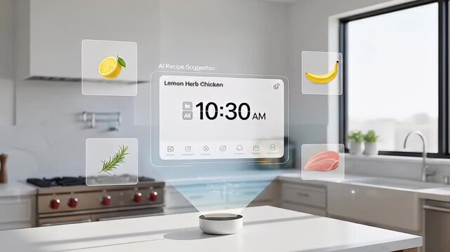 Modern kitchen setup featuring a holographic AI assistant suggesting a recipe