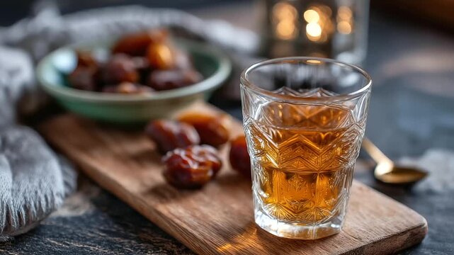 Dates and water simple meal for breaking fast, traditional iftar food, religious fasting ritual, spiritual nourishment display, modest meal presentation, defocused table surface,