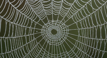 Obraz premium Dewy Spider Web with Water Droplets on Green Background, Morning Nature Scene