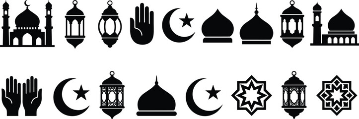 Islamic Ramadan icon set mosque lantern crescent dome prayer symbol vector illustration Muslim religious collection isolated design element