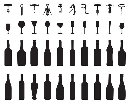 Black silhouettes of bowls, bottles, glasses and corkscrews