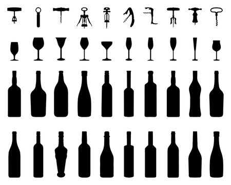 Black silhouettes of bowls, bottles, glasses and corkscrews