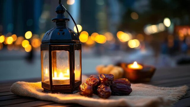 Lantern and dates in desert setting with bokeh lights, spiritual observance scene, religious celebration display, Arabian night atmosphere, festive desert arrangement, defocused