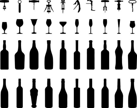Black silhouettes of bowls, bottles, glasses and corkscrews