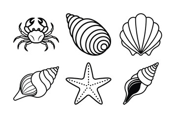 Fototapeta premium Minimalist Line Art Icon Set of Sea Life and Shells Including Crab, Starfish, and Seashells - Scalable and Editable Vector Illustration 