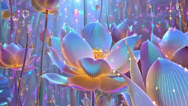 Ethereal Glowing Lotus Flowers in a Magical Dreamy Garden
