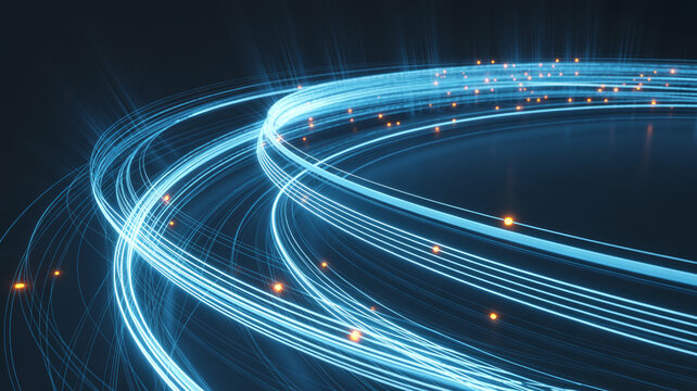 Abstract digital background featuring glowing blue fiber optic cables and orange light particles in motion for technology data transmission and high speed internet concepts