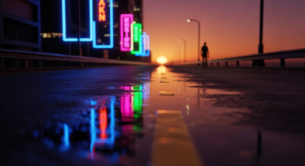 Obraz premium Vibrant Neon Reflections on a Wet Cyberpunk Road at Sunset