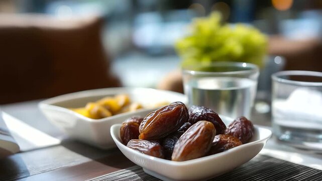 Dates and water simple meal for breaking fast, traditional iftar food, religious fasting ritual, spiritual nourishment display, modest meal presentation, defocused table surface,