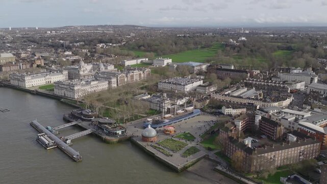 Aerial view of Greenwich in London, with the Old Royal Naval College, Cutty Sark and the Royal Observatory Greenwich
