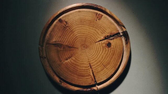 Circular wooden board background with slow rotating light and gentle ring contrast shift