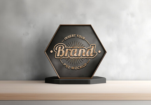 Black Trophy With Engraved Logo in Wood Mockup