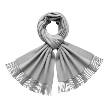 Grey scarf elegantly draped and knotted, with fringed ends isolated on transparent background
