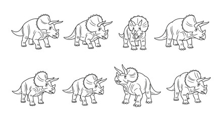 A collection of triceratops dinosaurs in a simple line art style © Begum