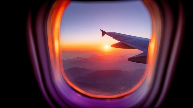 Airplane window view showcasing a wing against a vibrant sunset over mountainous terrain, capturing the essence of cinematic travel photography from inside an airplane cabin
