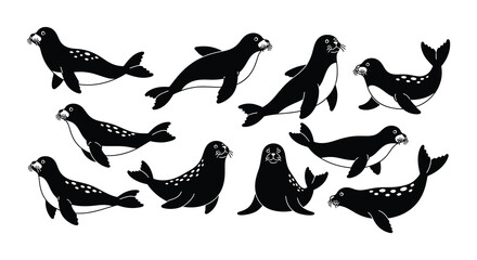A collection of black silhouette seals playfully swimming in a group © Begum
