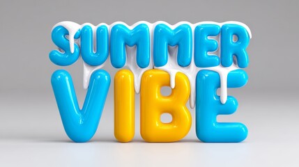 Colorful 3D text design featuring the words Summer Vibe in blue and yellow with a glossy finish and dripping effect against a light gray background