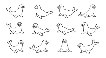 A collection of black silhouette seals playfully swimming in a group © Begum