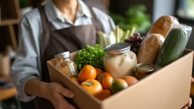 Volunteer holding box full of donated food items ready for distribution, representing charity community support, food bank donation and helping those in need, faceless volunteer