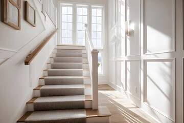 Fototapeta premium A bright staircase leading to a well-lit upper floor with white walls and wooden accents