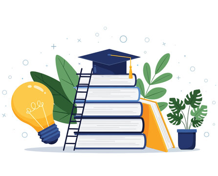 Illustration of stacked books topped with a graduation cap, a ladder leaning against them. A large lightbulb, plants, and abstract shapes suggest learning.